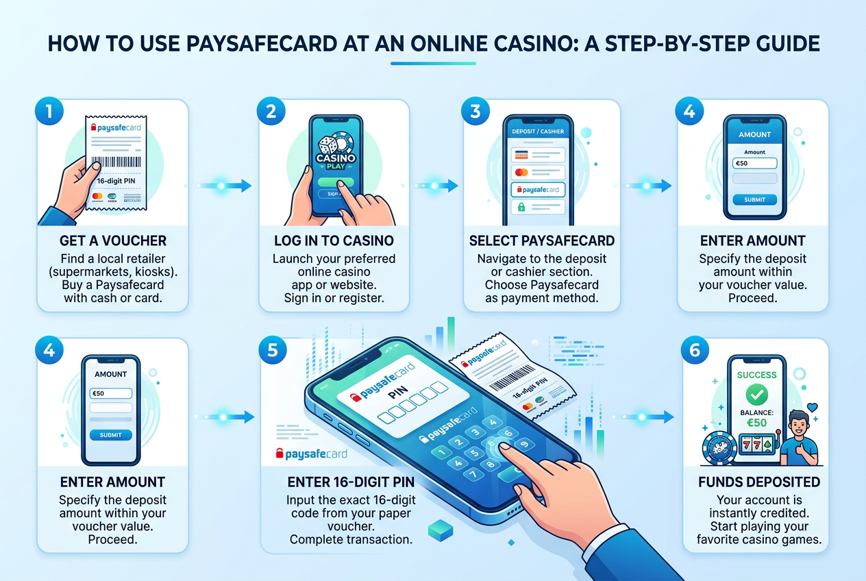 Infografika przedstawiająca proces wpłaty Paysafecard od zakupu kuponu po saldo w kasynie
